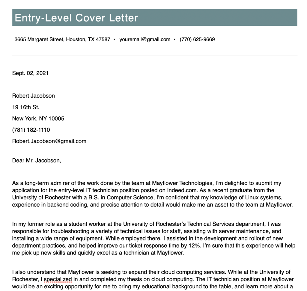 Entry Level Cover Letter in Word Doc